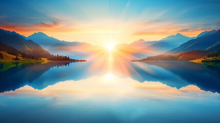  sun over mountain lake - sun reflected, mountains behind