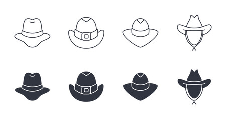 Vector cowboy hat icon. Editable stroke set. Line and silhouette symbols of the wild west. Cowboy in police sheriff hat, black color. Stock illustration
