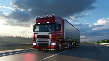 Red truck on the road, transporting