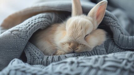 Sleeping fawn rabbit in a cozy blanket, perfect for pet care and lifestyle advertising.
