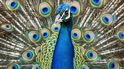 Obraz premium Majestic blue peacock displaying vibrant feathers, ideal for wildlife and beauty themes.