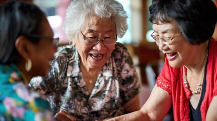 Three elderly Asian and African American women playing bingo or mahjong at the assisted living facility or retirement home