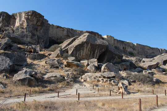 Gobustan National Museum in Azerbaijan with ancient rock petroglyphs.