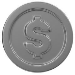 USD. United states dollar on silver coin isolated on a transparent background. 3d render. Silver dollar icon.  