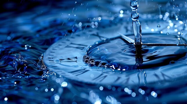 Time flows like water. Imagine a water clock with the water dripping slowly. This creative idea of a blue background shows the importance of water conservation due to global warming.