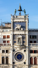 Facade of Clock Tower at St Mark's Square on a sunny day in Venice; Italy