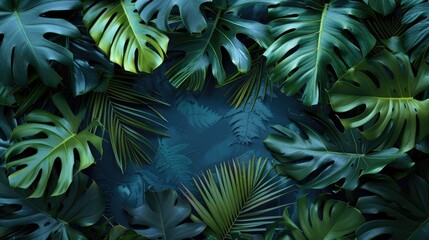 Large tropical leaves on a blue background. The concept of nature. Natural background.