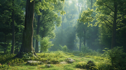 Obraz premium Sunlit forest glade with lush greenery and copy space