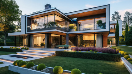 A modern house in the evening with lights in the rooms and a luxurious atmosphere, copy space,...
