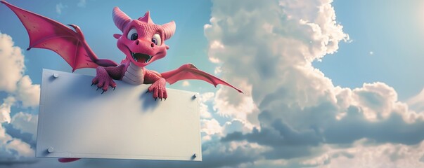 Cute pink baby dragon flying in the sky while holding a blank billboard or banner, copy space, low angle view.