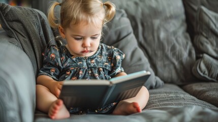   A little girl sits on a couch, legs crossed, head turned slightly, engrossed in a book