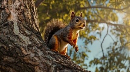 Fototapeta premium Red squirrel close up on tree