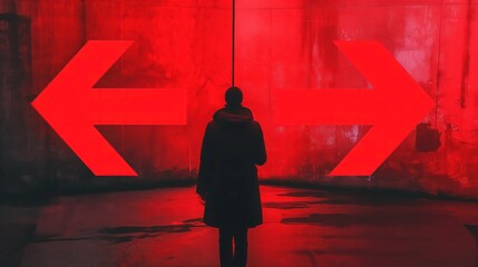 Silhouette of a young woman standing in front of the concrete wall with two big red arrows pointing in different directions, illustrating difficult life choices, options and opportunities.