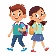 -boy-and-girl-are-walking-with-school-bag--on-whit