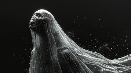 Halloween horror white undead ghost screaming on black background.