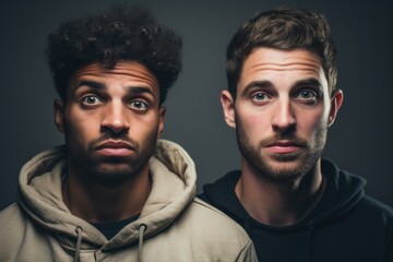 Obraz premium Close-up shot of a diverse pair of young men looking at the camera with neutral faces against a gray background