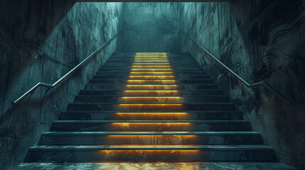 A dark staircase with yellow lights on the steps