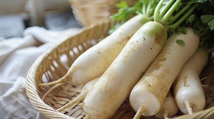 White daikon, also known as white radish, is a type of radish commonly used in Asian cuisine. It has a long, cylindrical shape and a mild, slightly sweet flavor.