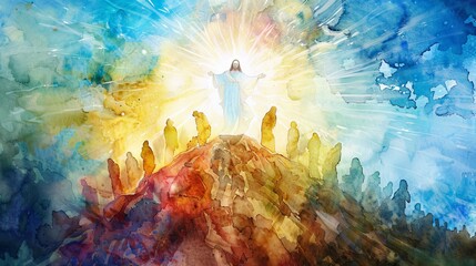 Inspirational watercolor depiction of Jesus transfigured on the mountaintop