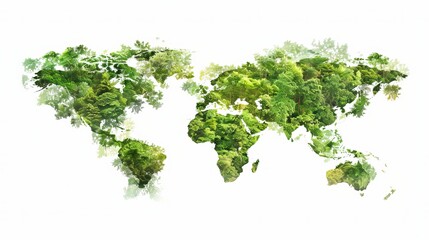World map covered in trees and water, isolated on a white background. Concept for Earth Day and Environment Day.
