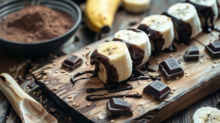 A cozy scene of homemade sweet sushi rolls featuring banana and chocolate on a rustic wooden board