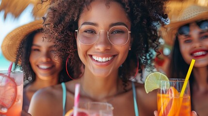 Happy multiracial friends cheering cocktail glasses together at beach party. Youth lifestyle and summertime vacations concept.  - Powered by Adobe