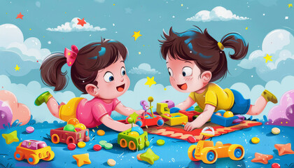 Two animated children play with colorful toys on a mat under a starry sky, surrounded by a dreamy landscape with whimsical clouds and stars.
