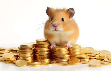 hamster and stack of golden coins on white wooden table over whi