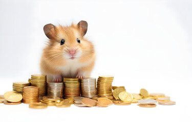 hamster and stack of golden coins on white wooden table over whi