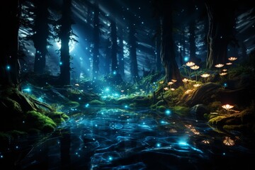 Enchanted forest landscape with glowing mushrooms and fireflies