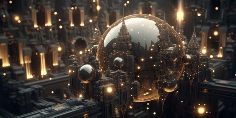 futuristic city skyline in glass sphere