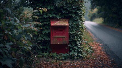 High-definition image of a ruby red mailbox peeking through dense ivy, on a secluded country road