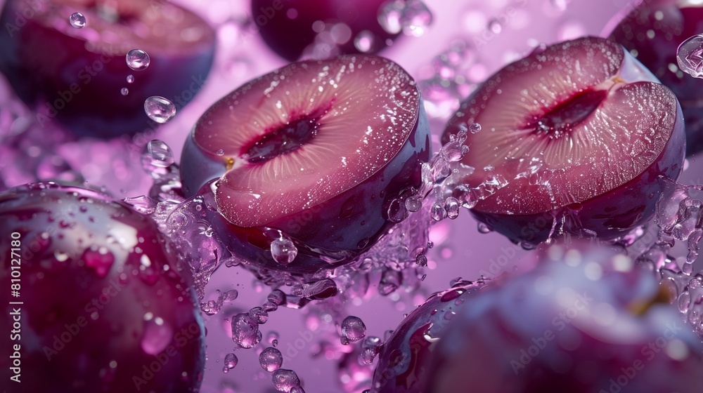 Wall mural plum juice deluge, dark purple plum slices floating, rich violet setting