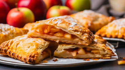 Freshly baked apple turnovers with a dusting of powdered sugar on a plate.