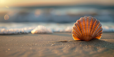 Scallop shell on the sand beach at sunset