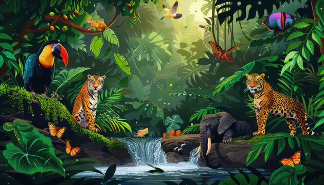 Illustration of a vibrant jungle ecosystem with a toucan, two leopards, an elephant by a waterfall, and various butterflies among lush green foliage.