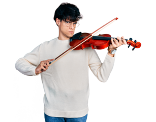 Handsome hipster young man playing violin skeptic and nervous, frowning upset because of problem. negative person.