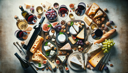 An overhead view of an elegant Italian wine and cheese spread, featuring various wines, Parmesan, Gorgonzola, Mozzarella, grapes, figs, nuts, and bread