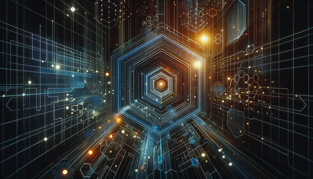 Abstract background, technology theme with lines, dots, and a hexagon grid in a futuristic color scheme, embodying a digital data concept.