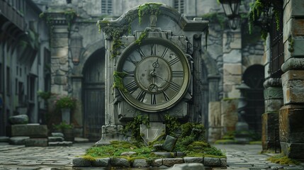 Ultra HD picture of a slate grey mechanical clock, its face obscured by creeping moss in an ancient town square - Powered by Adobe