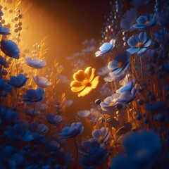 A yellow flower in a field of blue flowers