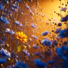 A yellow flower in a field of blue flowers