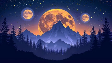   A night scene featuring mountains, trees, and a full moon illuminated by stars