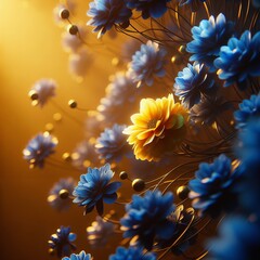 A yellow flower in a field of blue flowers