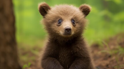 Fototapeta premium Adorable brown bear cub in the wild