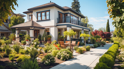 Fototapeta premium Elegant two-story home with a landscaped garden and outdoor seating area
