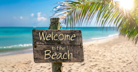 A wooden sign on the beach that says “Welcome to the Beach”, summer vacation, palm tree and ocean