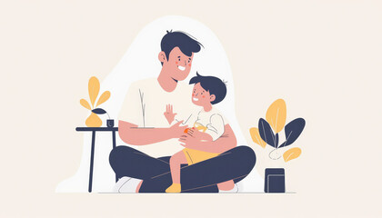 Illustration of a smiling father sitting with his child on his lap, engaging in a warm, affectionate moment in a cozy, plant-adorned interior setting.
