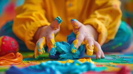 A child in a yellow shirt is playing with colorful modeling clay on a vibrant surface, hands covered in paint, fostering creativity and sensory skills.