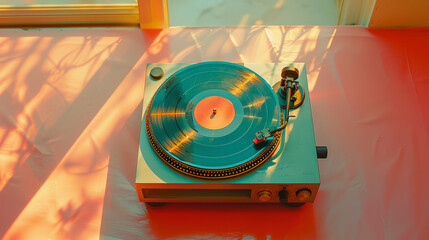 A blue turntable with a vinyl record playing, bathed in warm sunlight casting shadows on a reddish surface, evoking a cozy, nostalgic atmosphere.